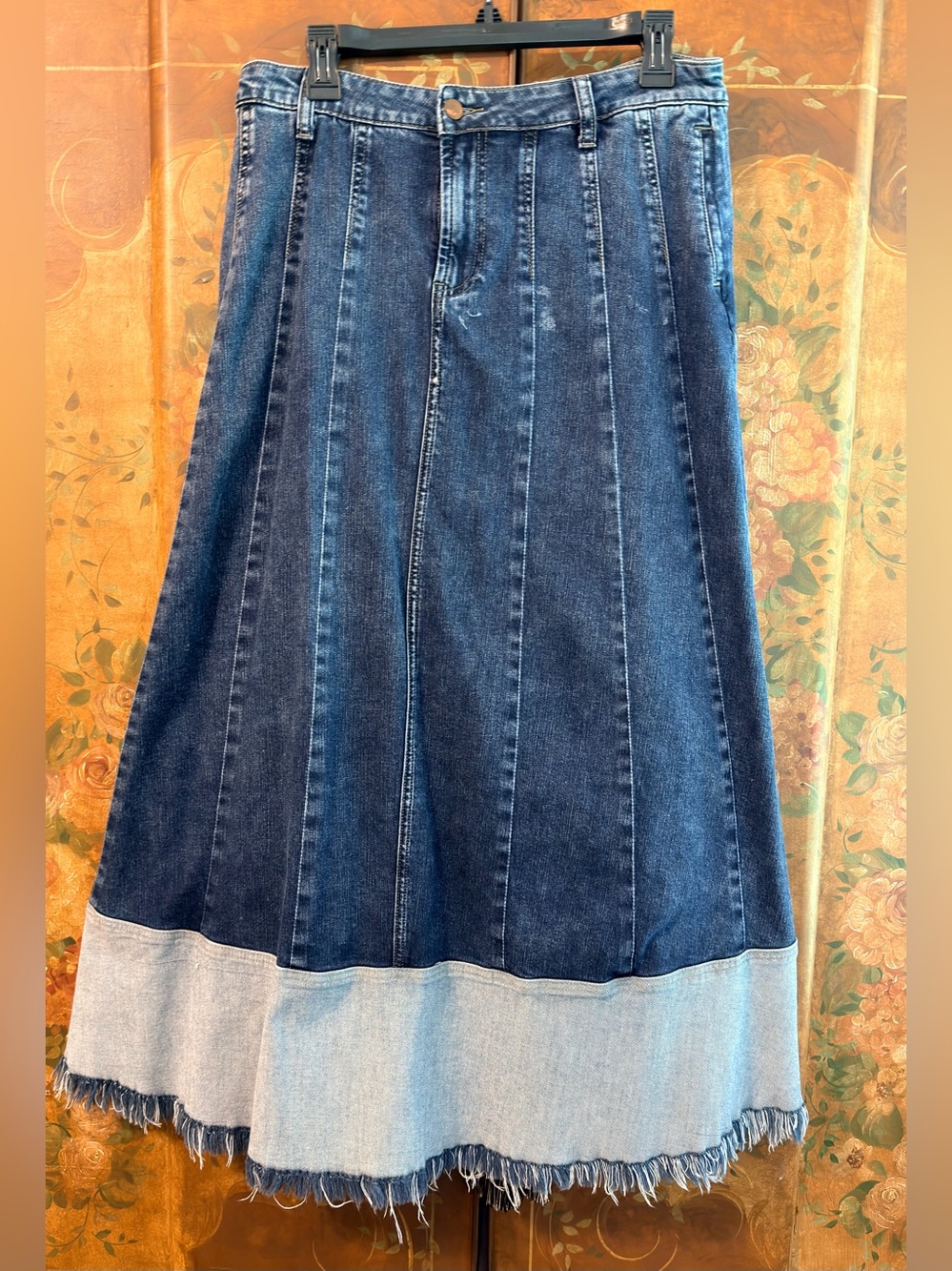 Wash Lab Two-Tone Dark Blue Denim Maxi Skirt with Light Hem